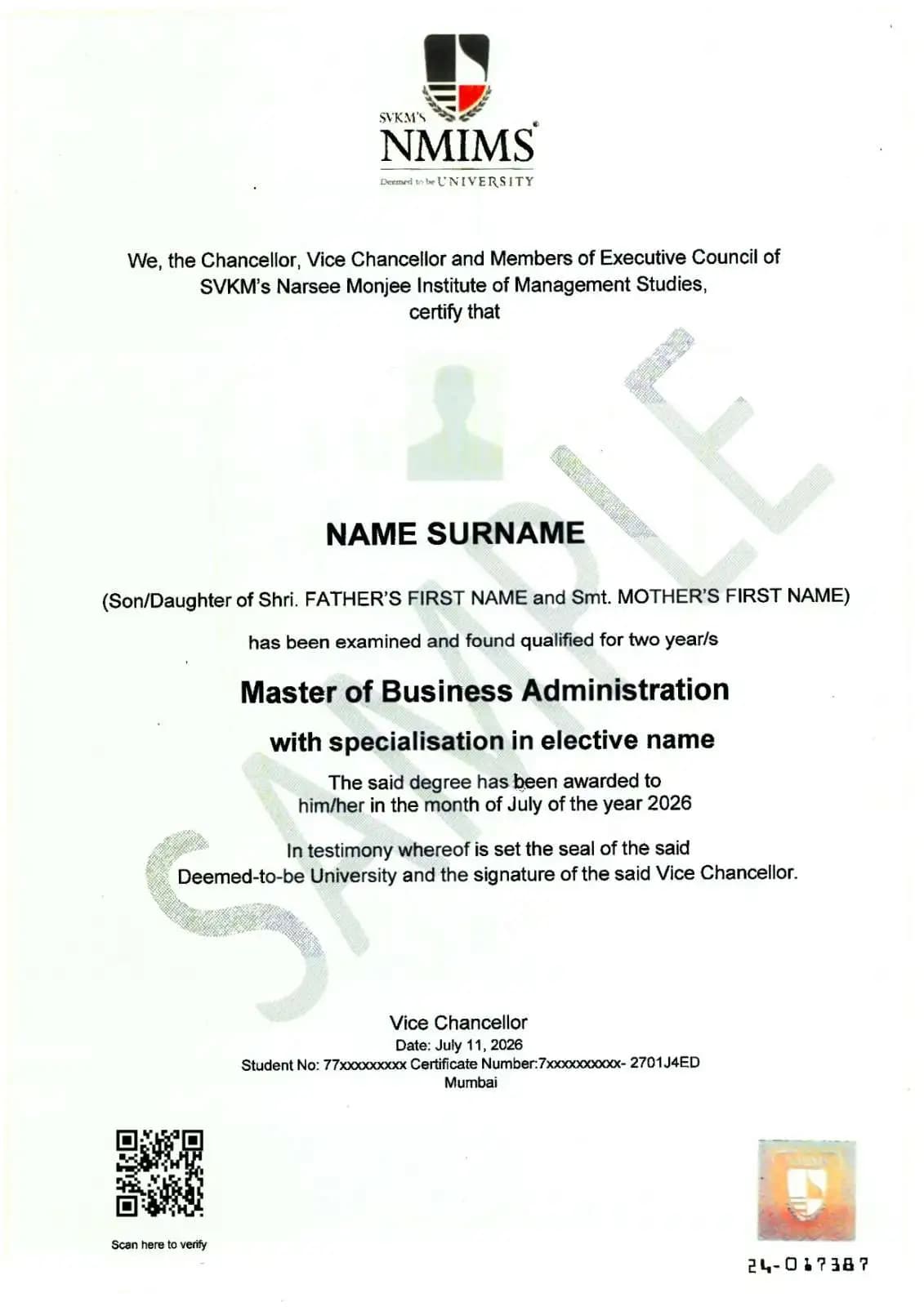 NMIMS Online MBA certificate UGC approved degree sample NMIMS CDOE